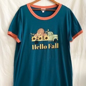 LuLaRoe LIV 3XL TShirt Top Teal Blue Orange Hello Fall Pumpkin Truck